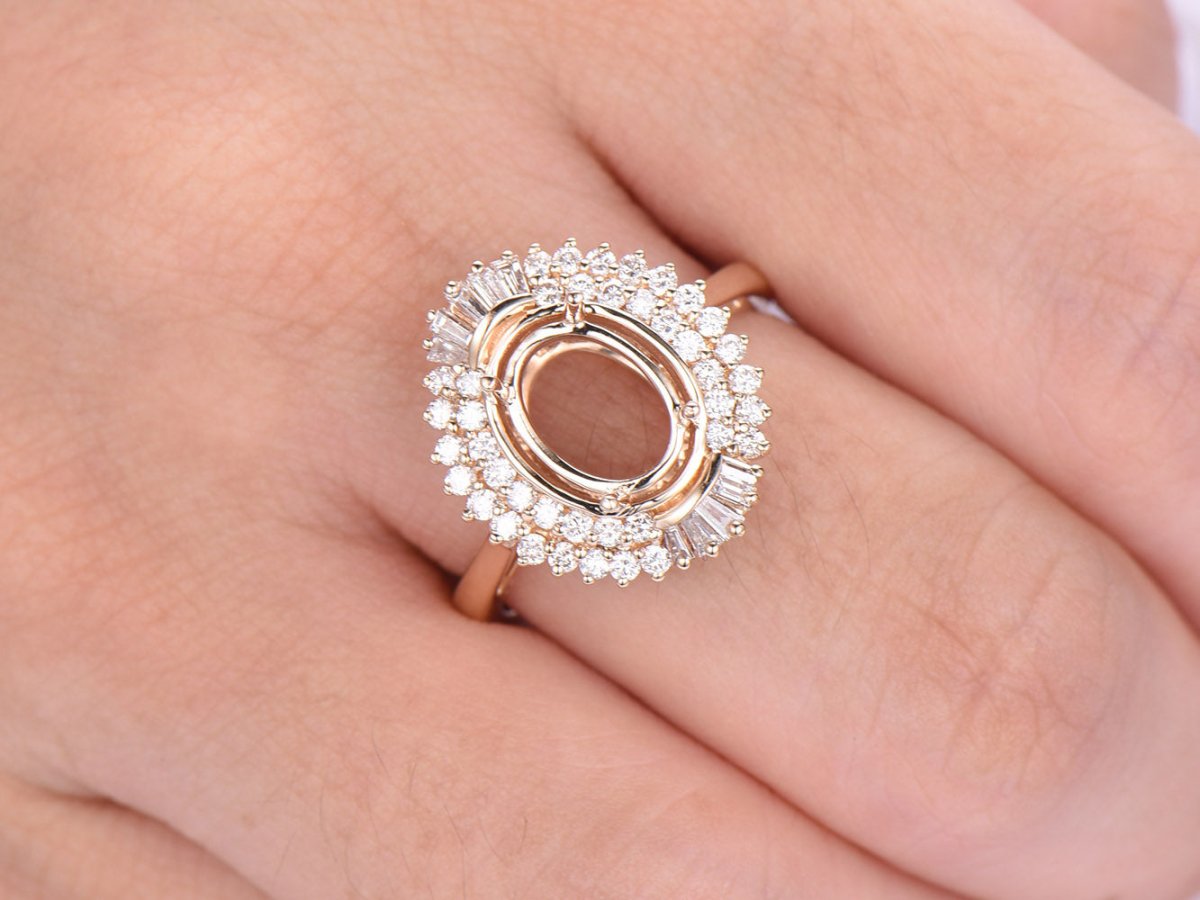 For AAA- Oval Baguette Diamond Double Halo Setting Semi Mount Ring