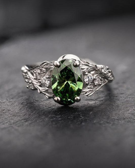 Woodland-Inspired Engagement Ring with Oval Green Diamond / Japanese Maple
