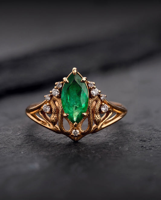 Snakes Engagement Ring With Marquise Emerald / Serpent of Eden
