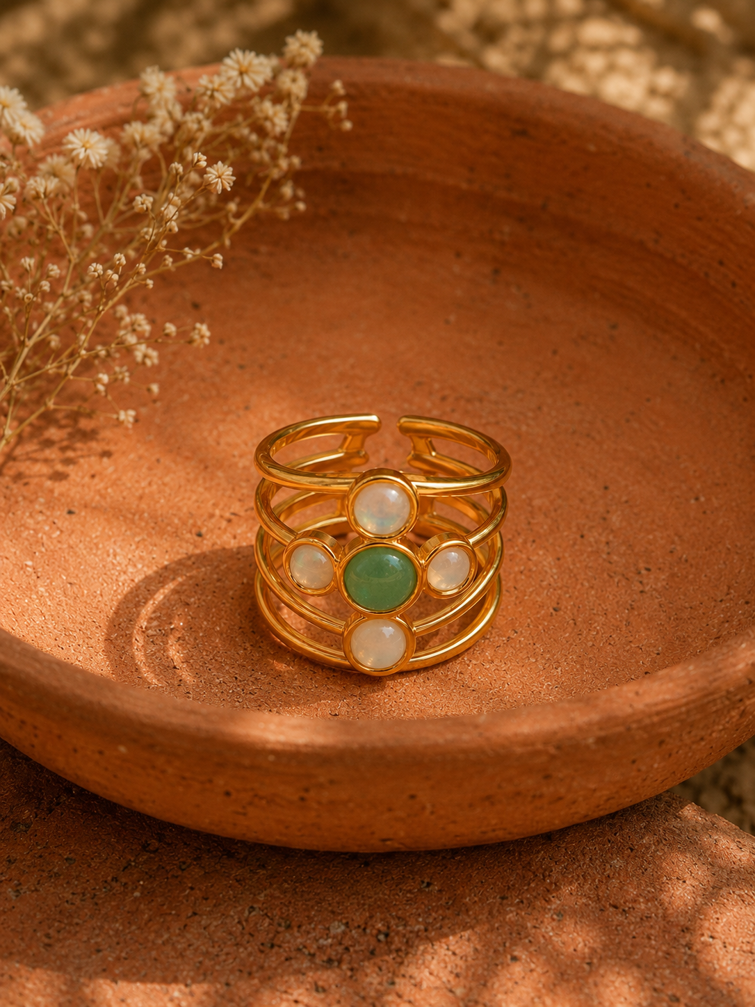 Bague FLORA | Aventurine Verte & Opales Or 24k Ajustable – Univers Végétal