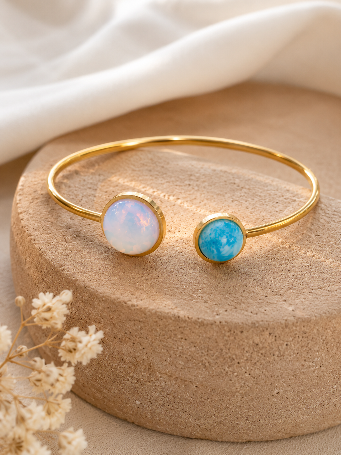 Bracelet Jonc Lagune | Opale Irisée & Larimar Turquoise – Plaqué Or 24k - Univers Larimar