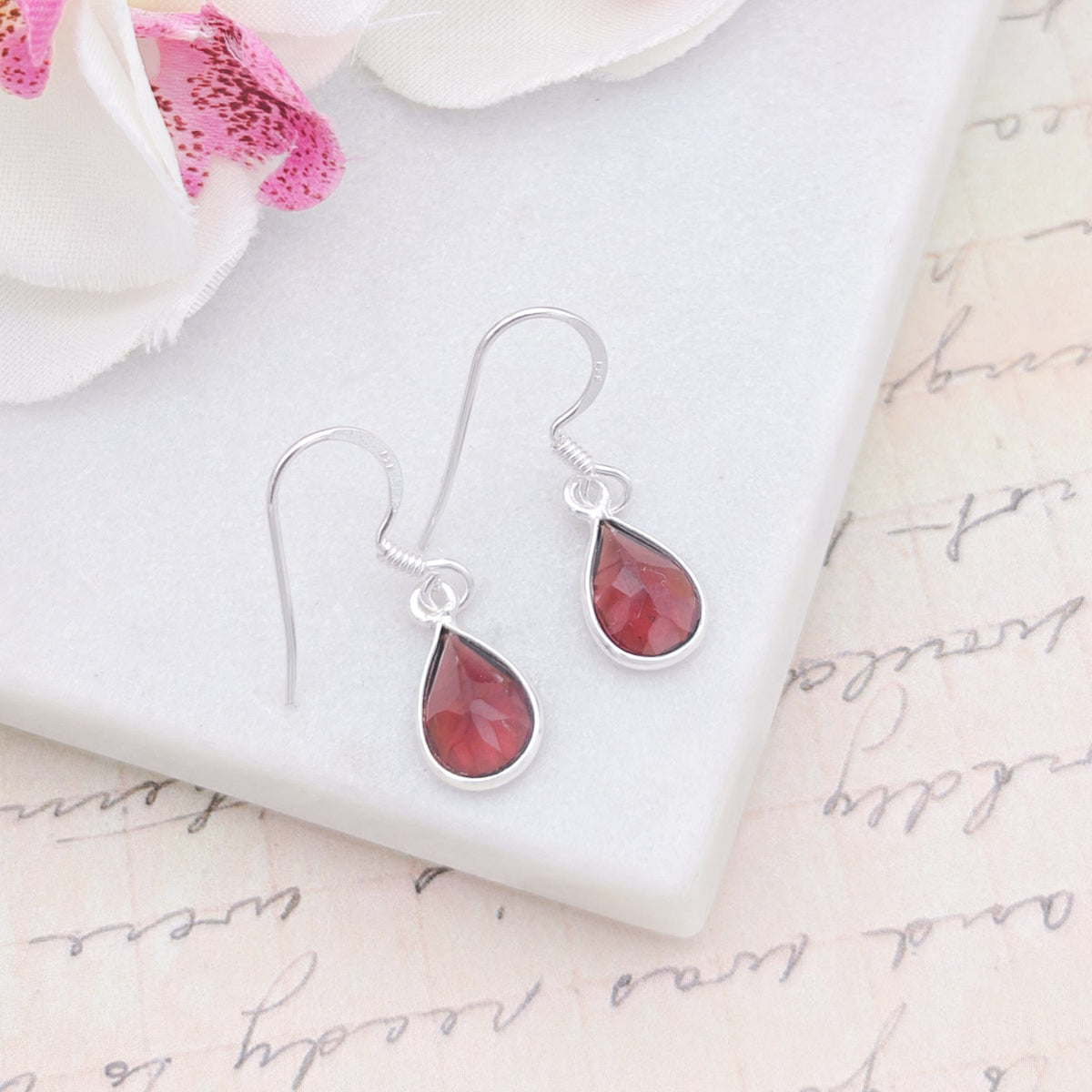 Garnet Gemstone Earrings | Teardrop | January Gift | Sterling Silver