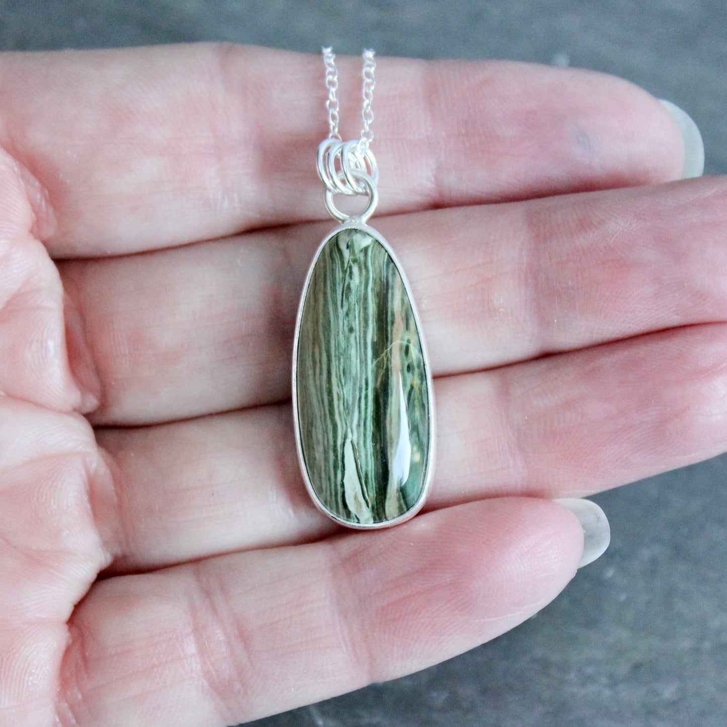Gary Green Jasper Pendant Necklace | Sterling Silver Petrified Bog Wood From Oregon