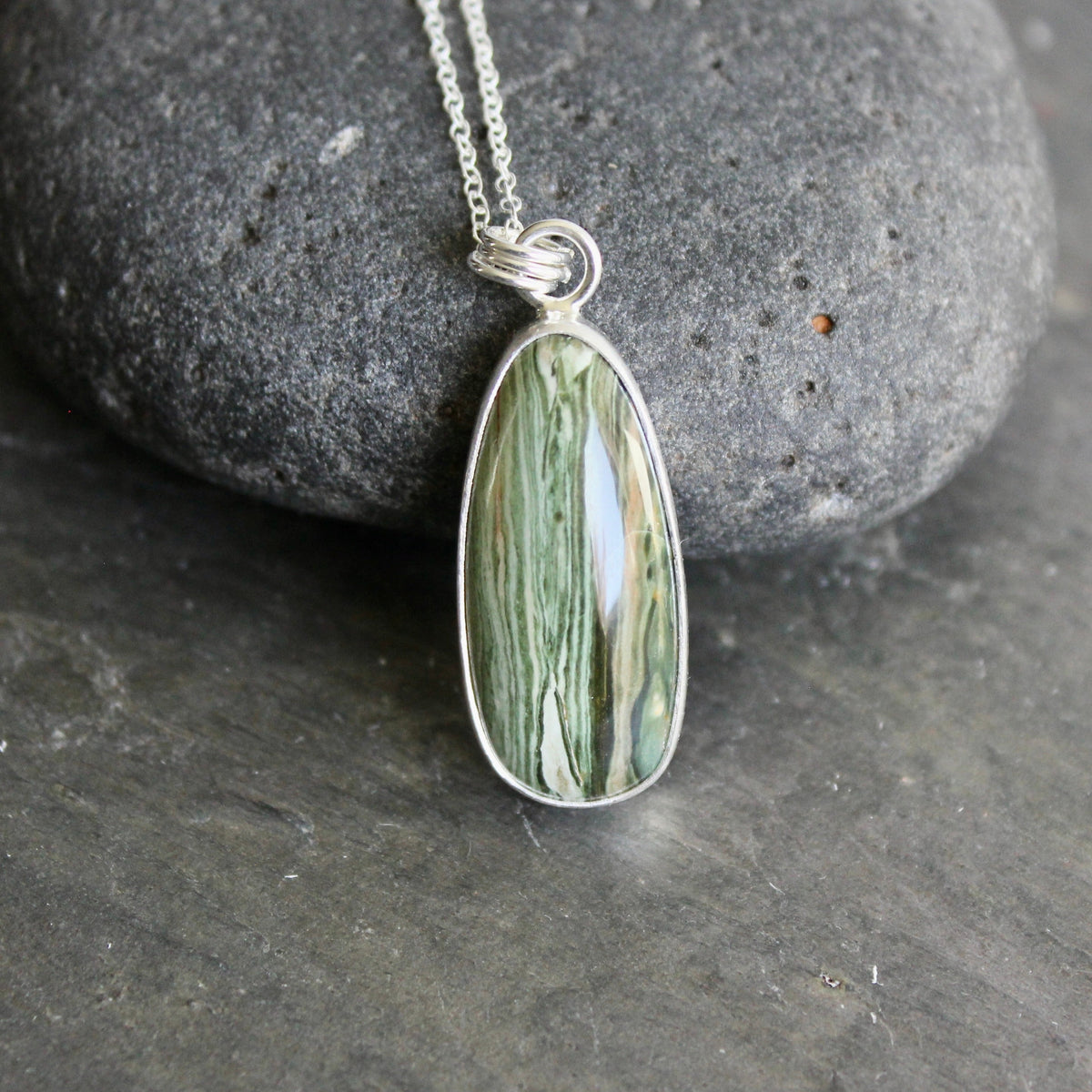 Gary Green Jasper Pendant Necklace | Sterling Silver Petrified Bog Wood From Oregon