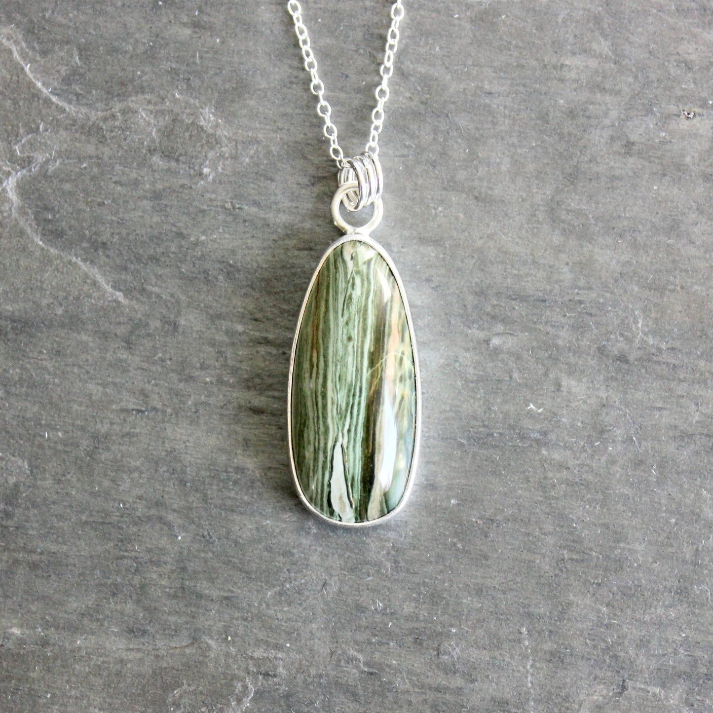 Gary Green Jasper Pendant Necklace | Sterling Silver Petrified Bog Wood From Oregon