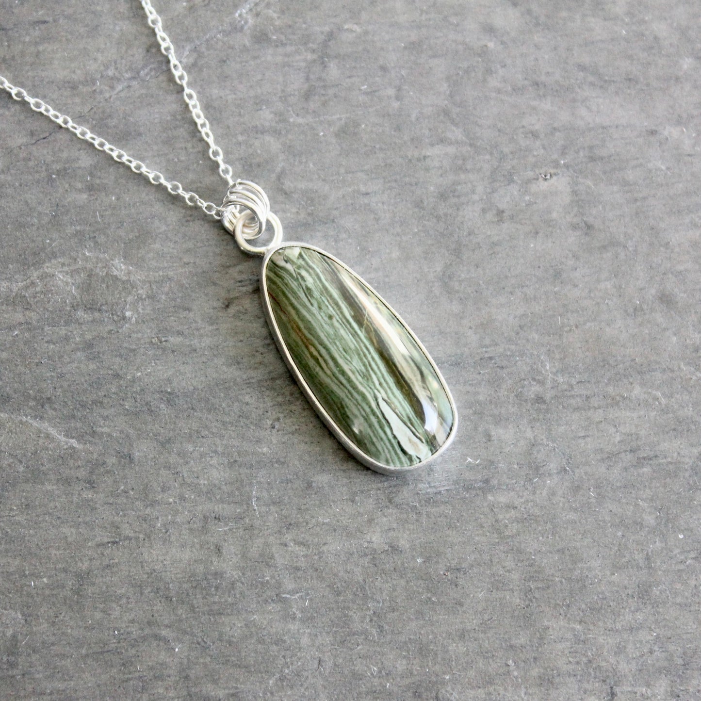 Gary Green Jasper Pendant Necklace | Sterling Silver Petrified Bog Wood From Oregon