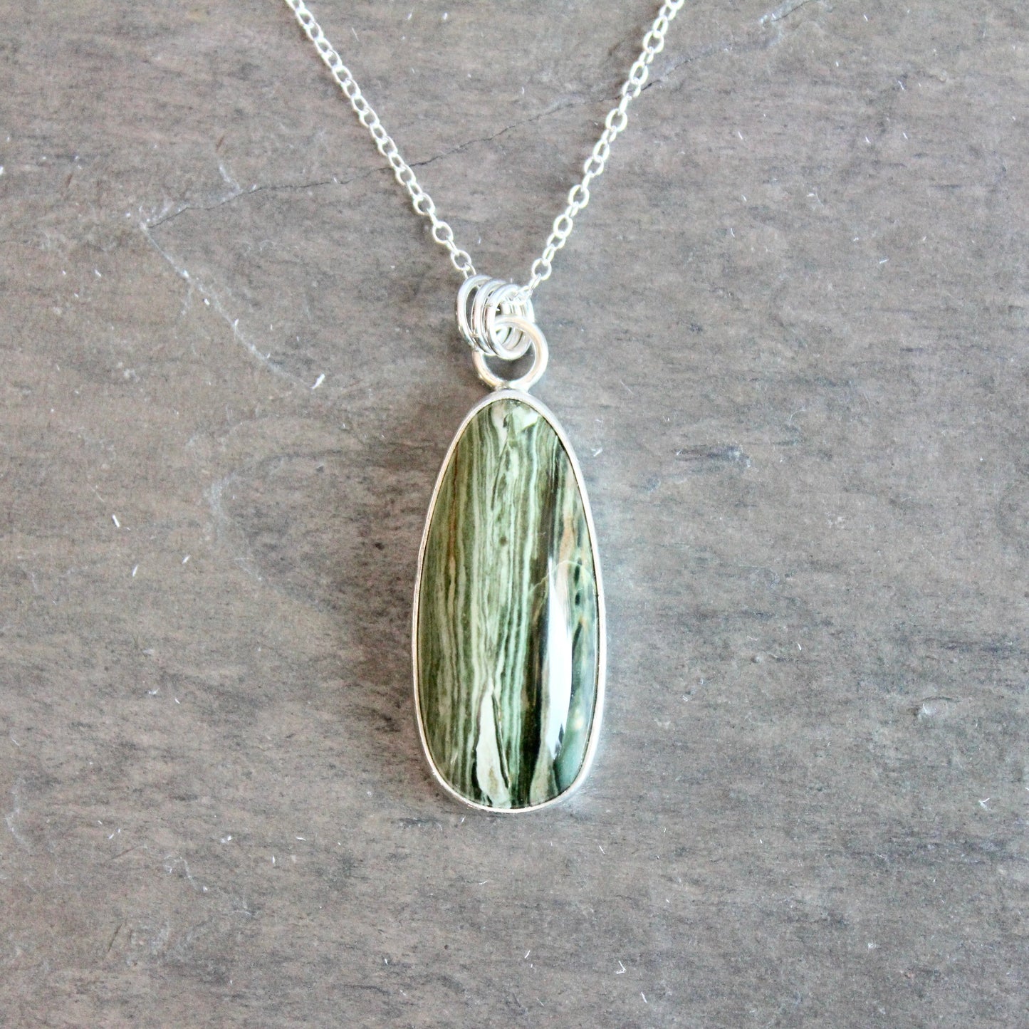 Gary Green Jasper Pendant Necklace | Sterling Silver Petrified Bog Wood From Oregon