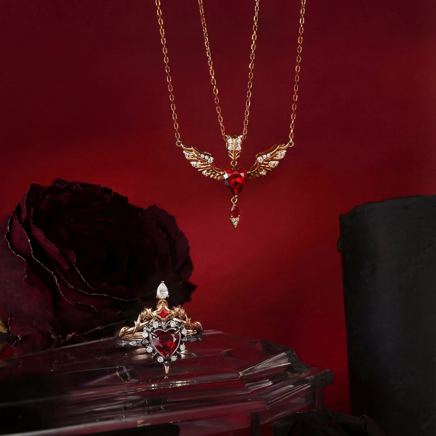 Unique Gothic Heart Garnet Sword Ring Feather Angel Wing Inspired Jewelry - 'Cupid's Arrow' Jewelry Box