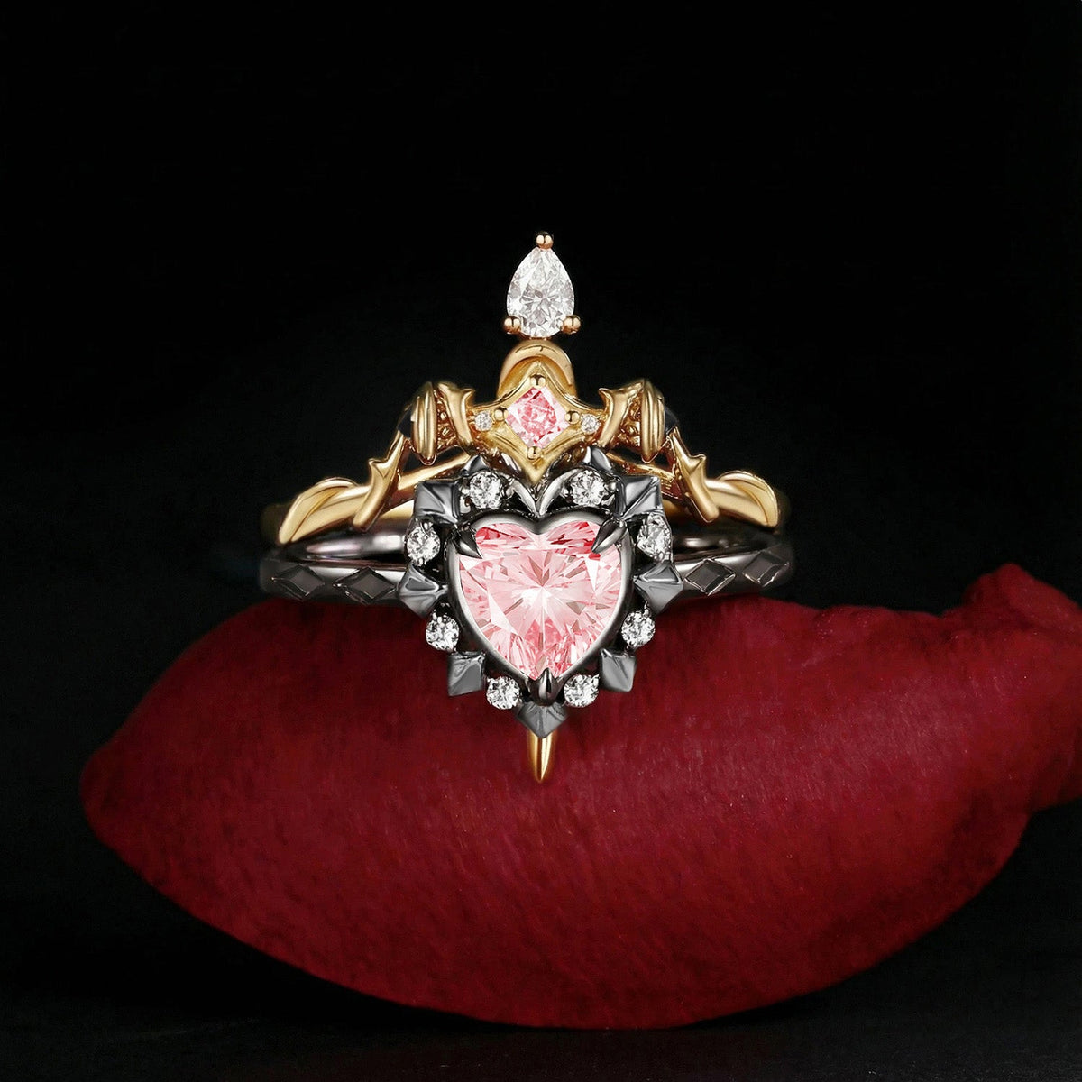'Cupid's Arrow' - Gothic Heart Cut IGI Certified Lab Pink Diamond Heart Sword Ring Alternative Bridal Set