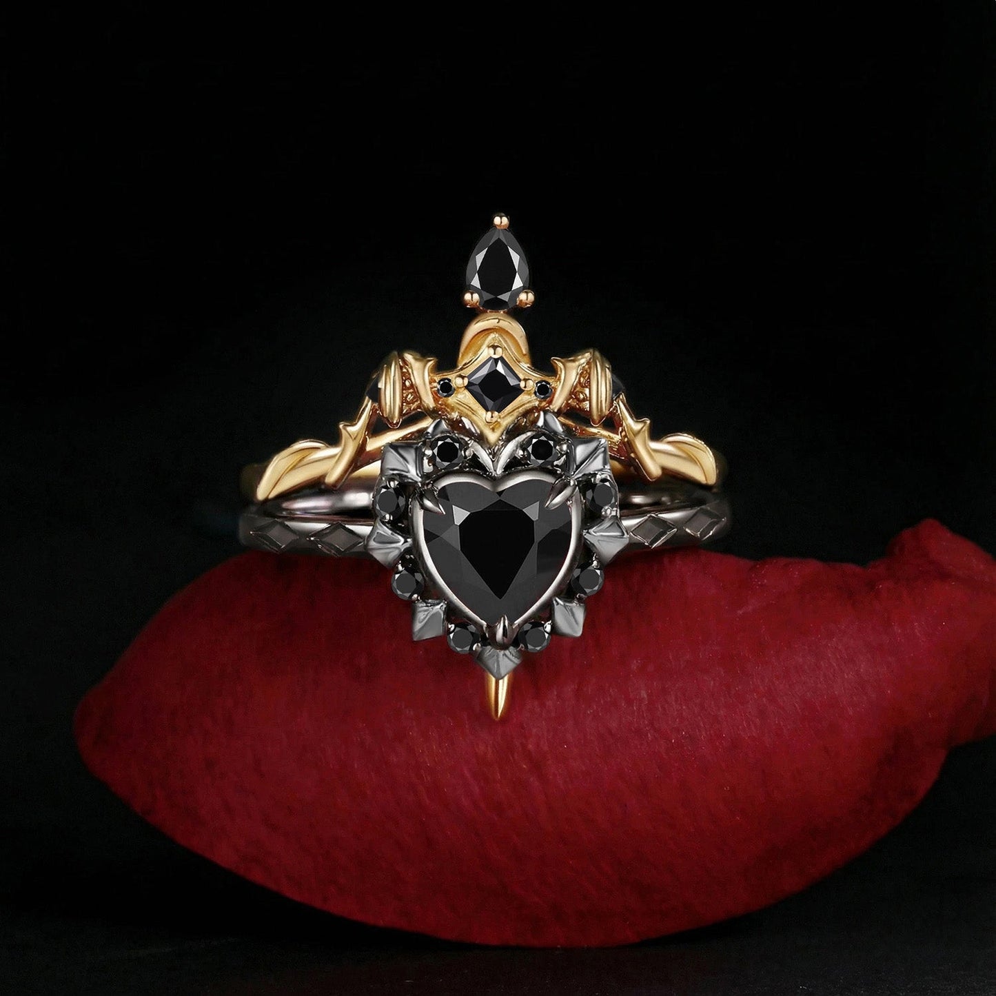'Cupid's Arrow' - Heart Cut Natural Black Diamond Heart Sword Ring Alternative Bridal Set