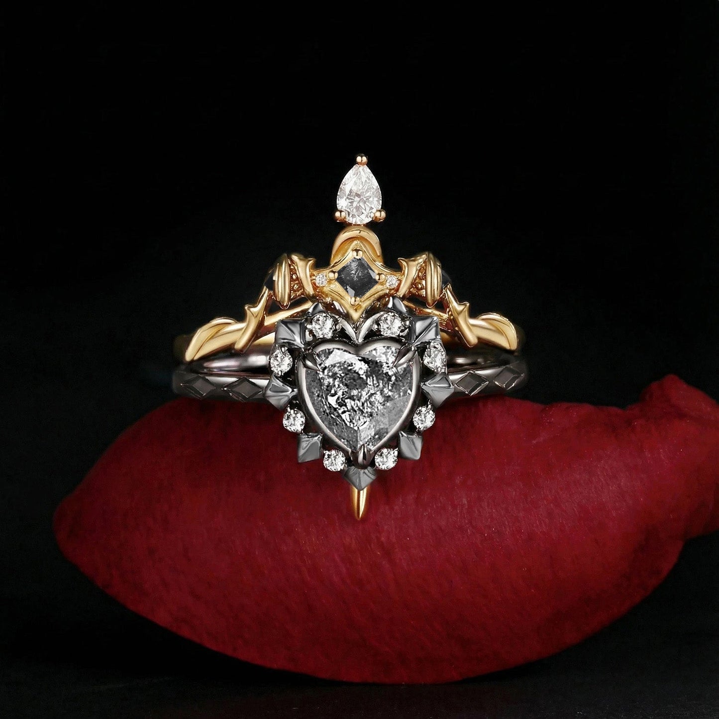 'Cupid's Arrow' - Gothic Heart Cut Salt & Pepper Diamond Heart Sword Ring Alternative Bridal Set