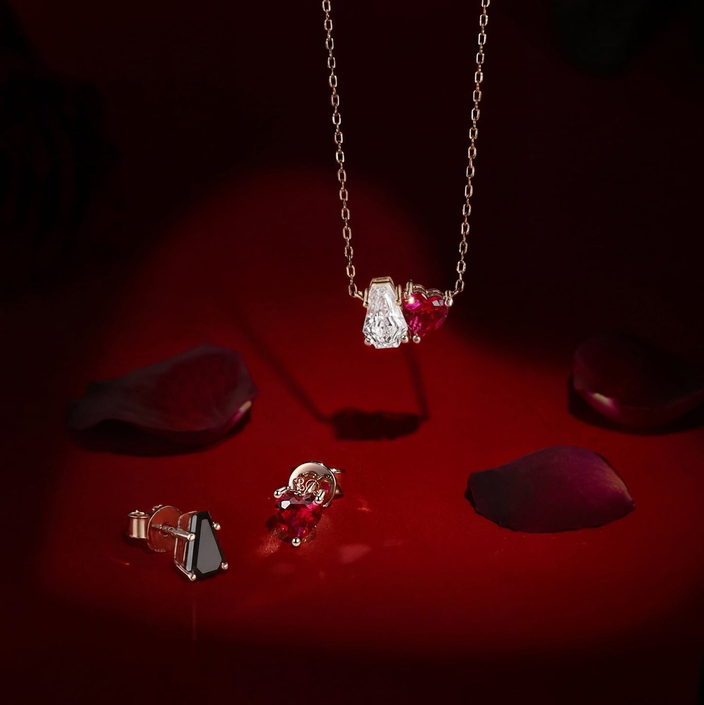 Unique Two Stone Coffin Moissanite & Heart Lab Ruby Jewelry Set - 'Toi Et Moi' Jewelry Box
