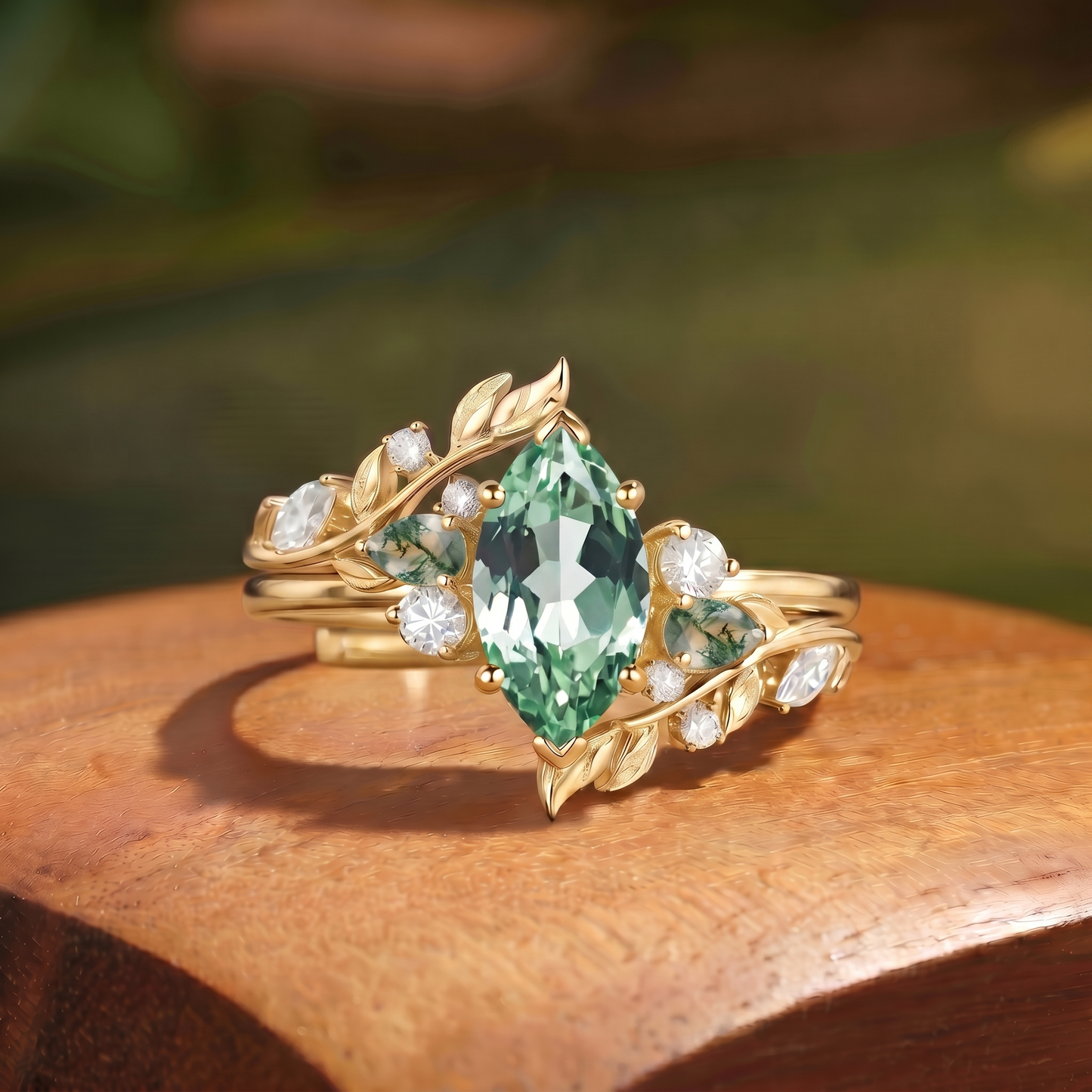 Marquise Cut Green Moissanite Vine Leaf Bridal Set 2PCS - Abrielle