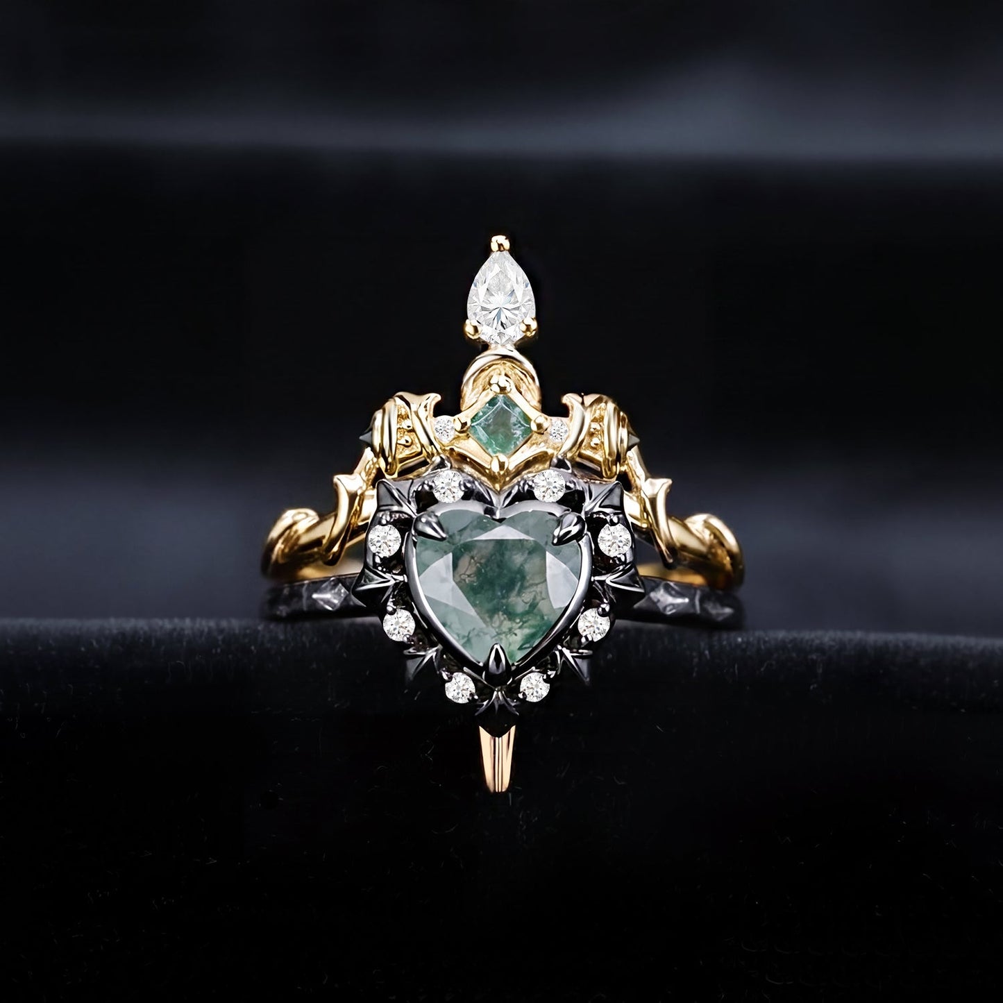 'Cupid's Arrow' - Gorhic Heart Cut Moss Agate Heart Sword Ring Alternative Bridal Set