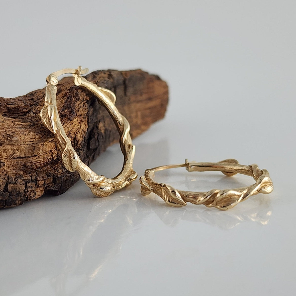 Gold Leaf & Twig Hoop Earrings