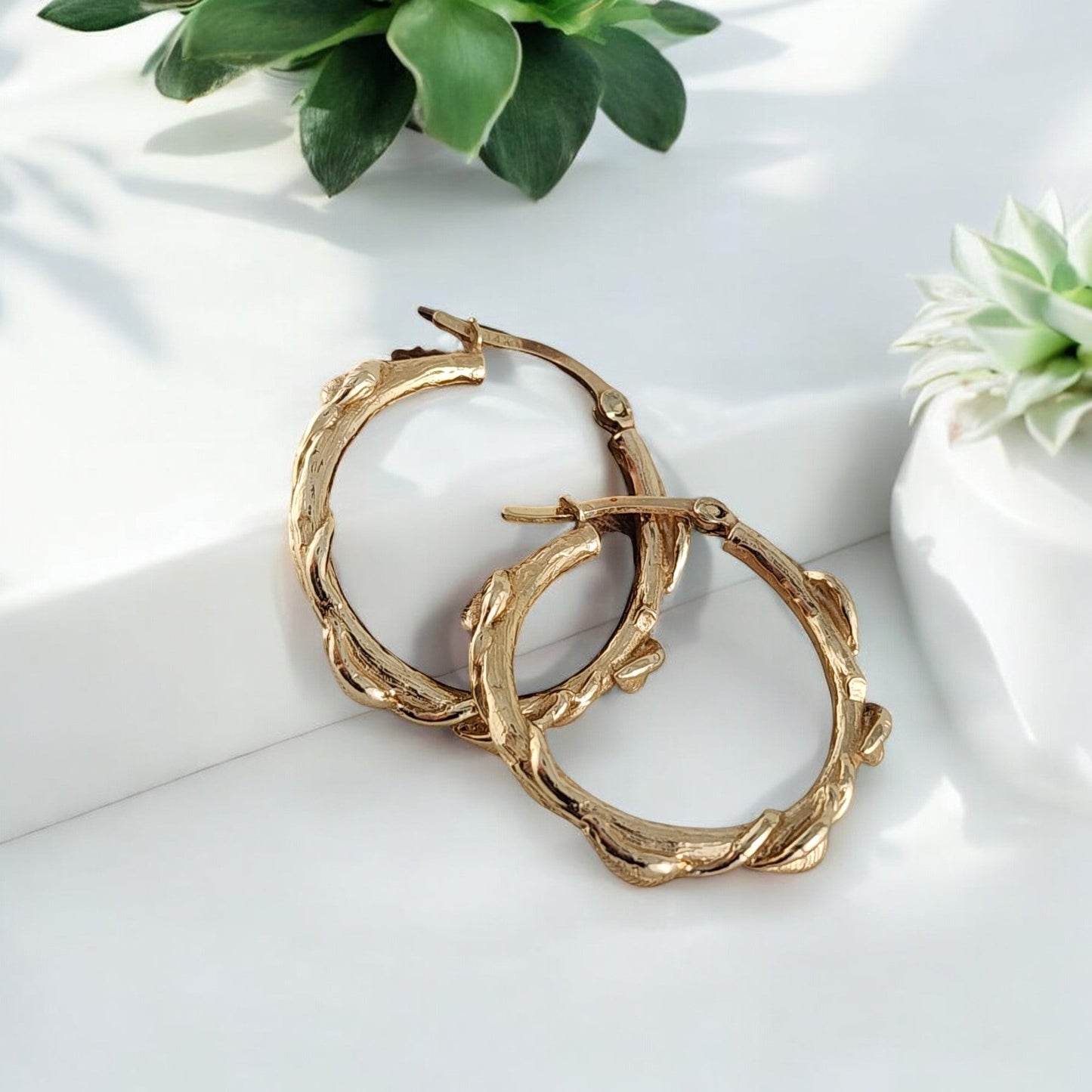 Gold Leaf & Twig Hoop Earrings