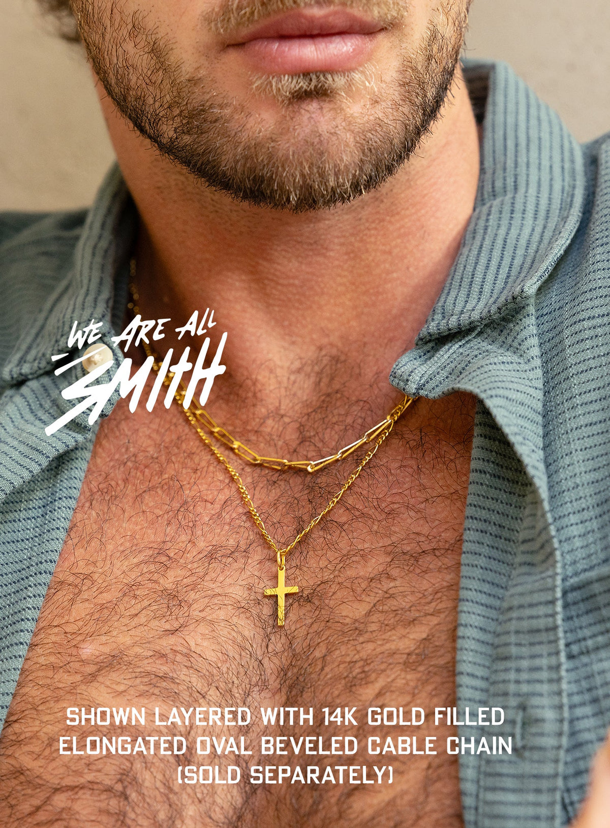 14k Gold Filled / Gold Vermeil Cross Pendant Necklace for Men (Figaro Chain)