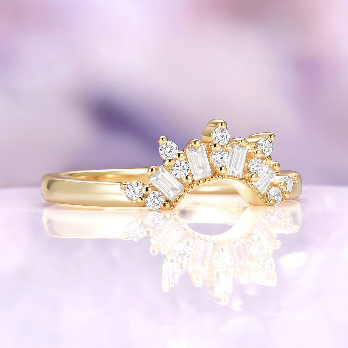 Moissanite Crown Wedding Band in Solid 14K Yellow Gold