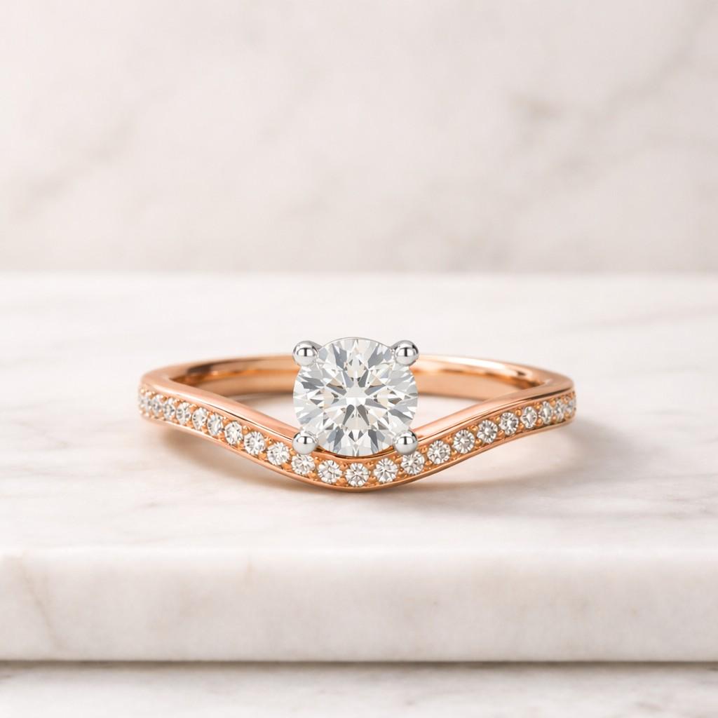 Round Cut Lab Grown Diamond Chevron Engagement Ring in 14K Yellow Gold