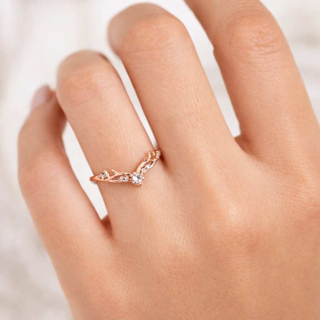 Nature Inspired Curved Moissanite Wedding Band in 14K Rose Gold