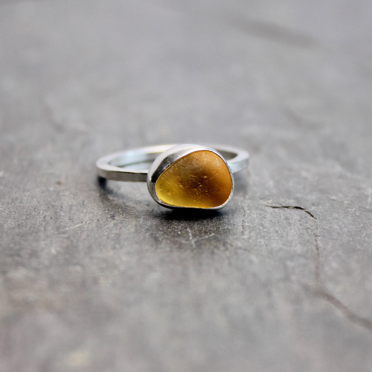 Golden Mustard Yellow Sea Glass Ring | Handmade | Sterling Silver | Size 8.5
