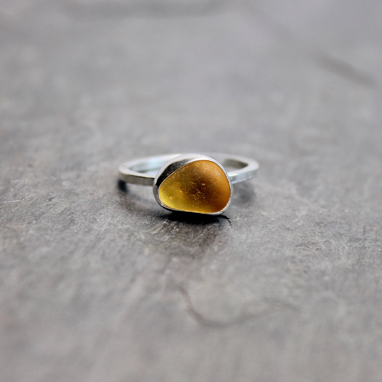 Golden Mustard Yellow Sea Glass Ring | Handmade | Sterling Silver | Size 8.5