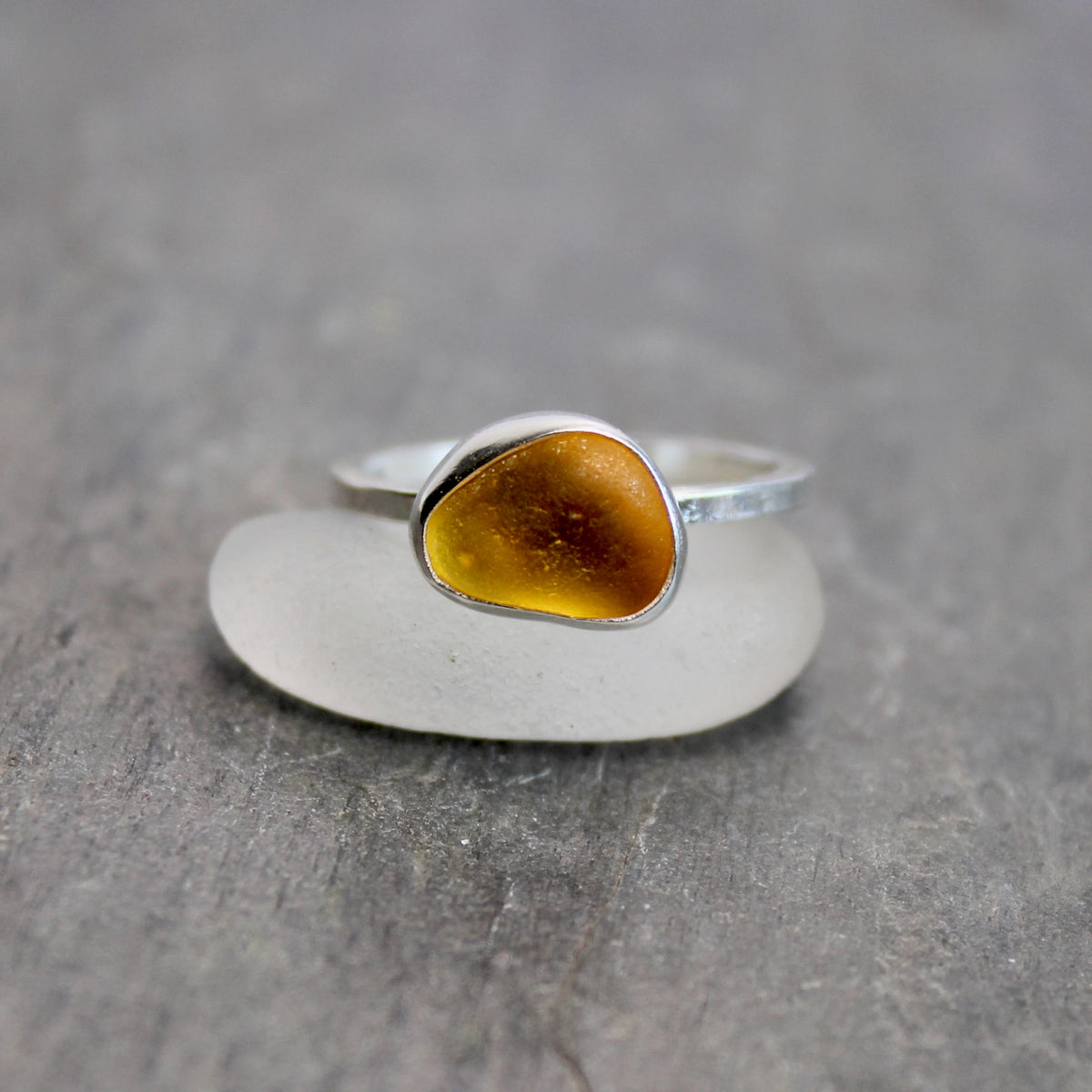 Golden Mustard Yellow Sea Glass Ring | Handmade | Sterling Silver | Size 8.5