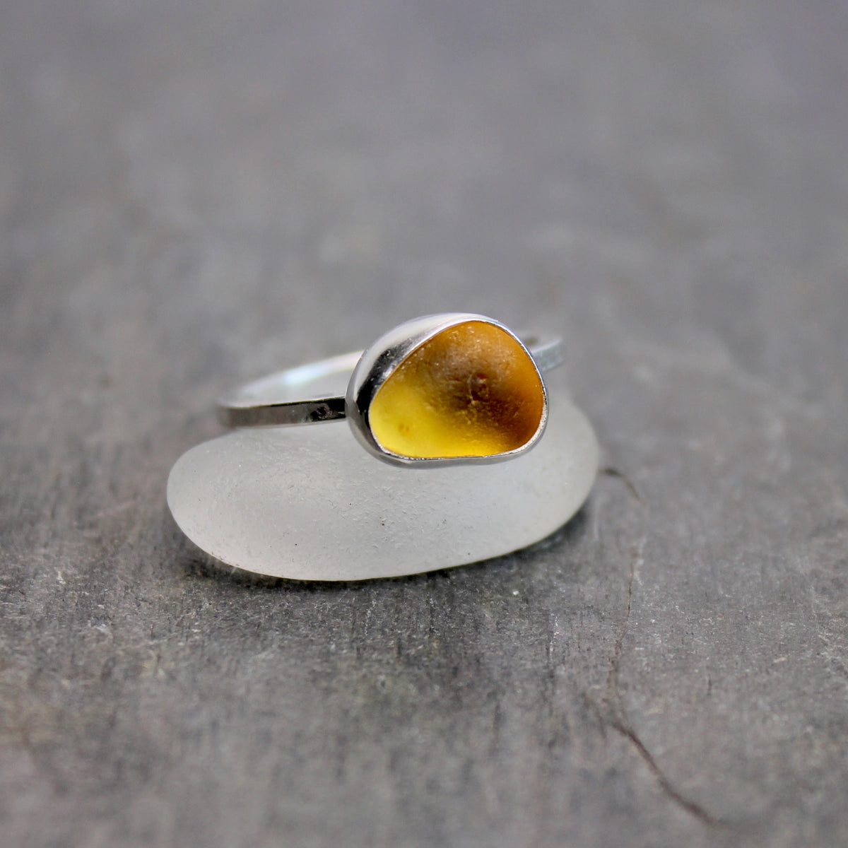 Golden Mustard Yellow Sea Glass Ring | Handmade | Sterling Silver | Size 8.5
