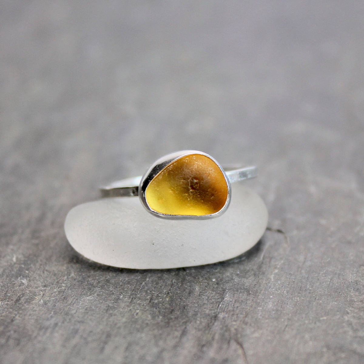 Golden Mustard Yellow Sea Glass Ring | Handmade | Sterling Silver | Size 8.5