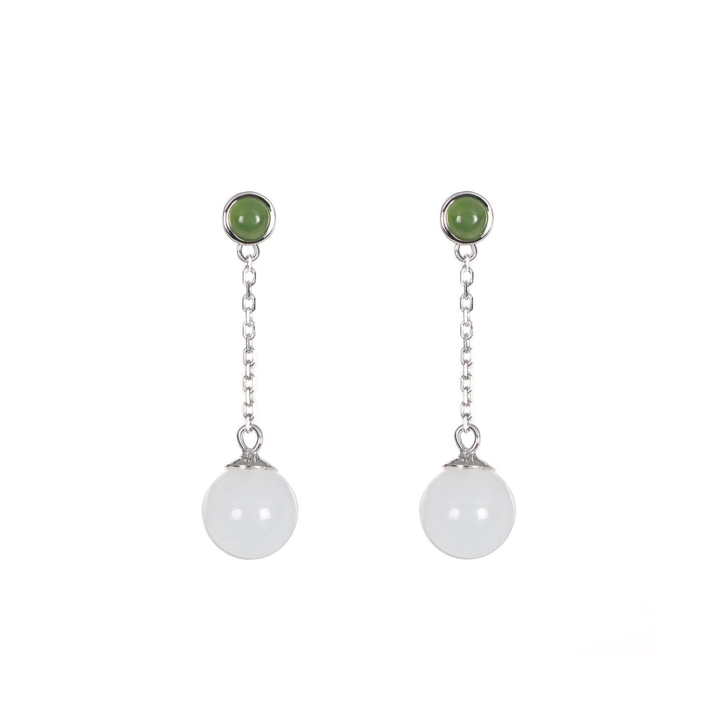 Harmony Bead – Green and White Jade Bead Drop Earrings in Sterling Silver