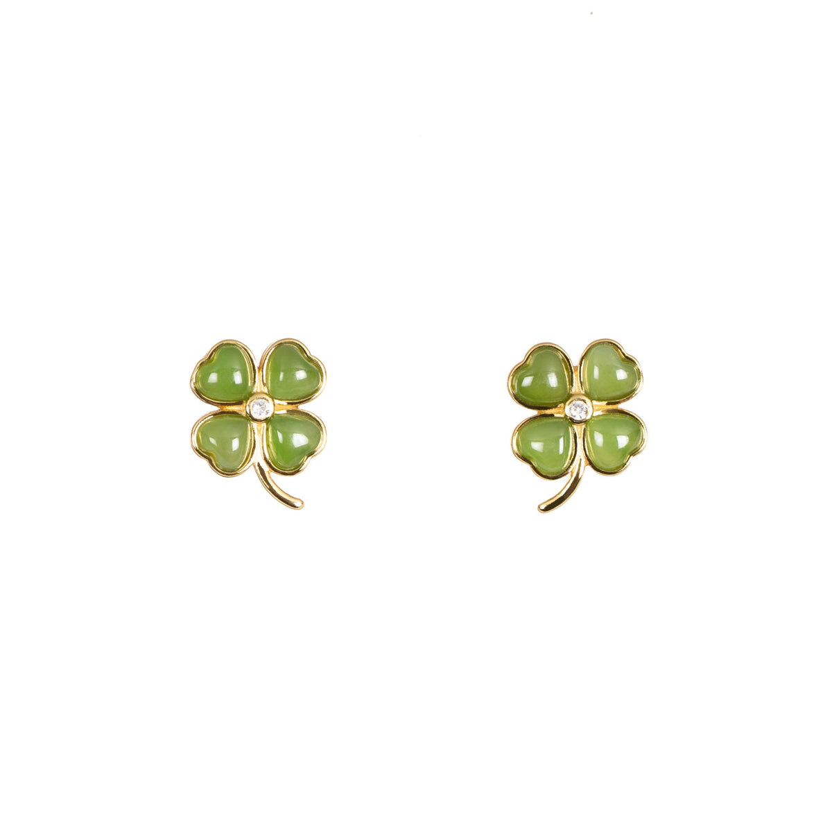 Golden Jade Clover Studs – Green Jade Heart Petal Earrings in Gold Vermeil