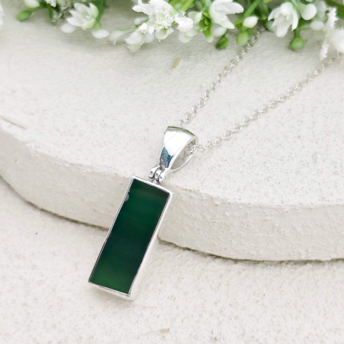 Green Natural Agate Pendant in Sterling Silver | May birthstone and Gemini Gift