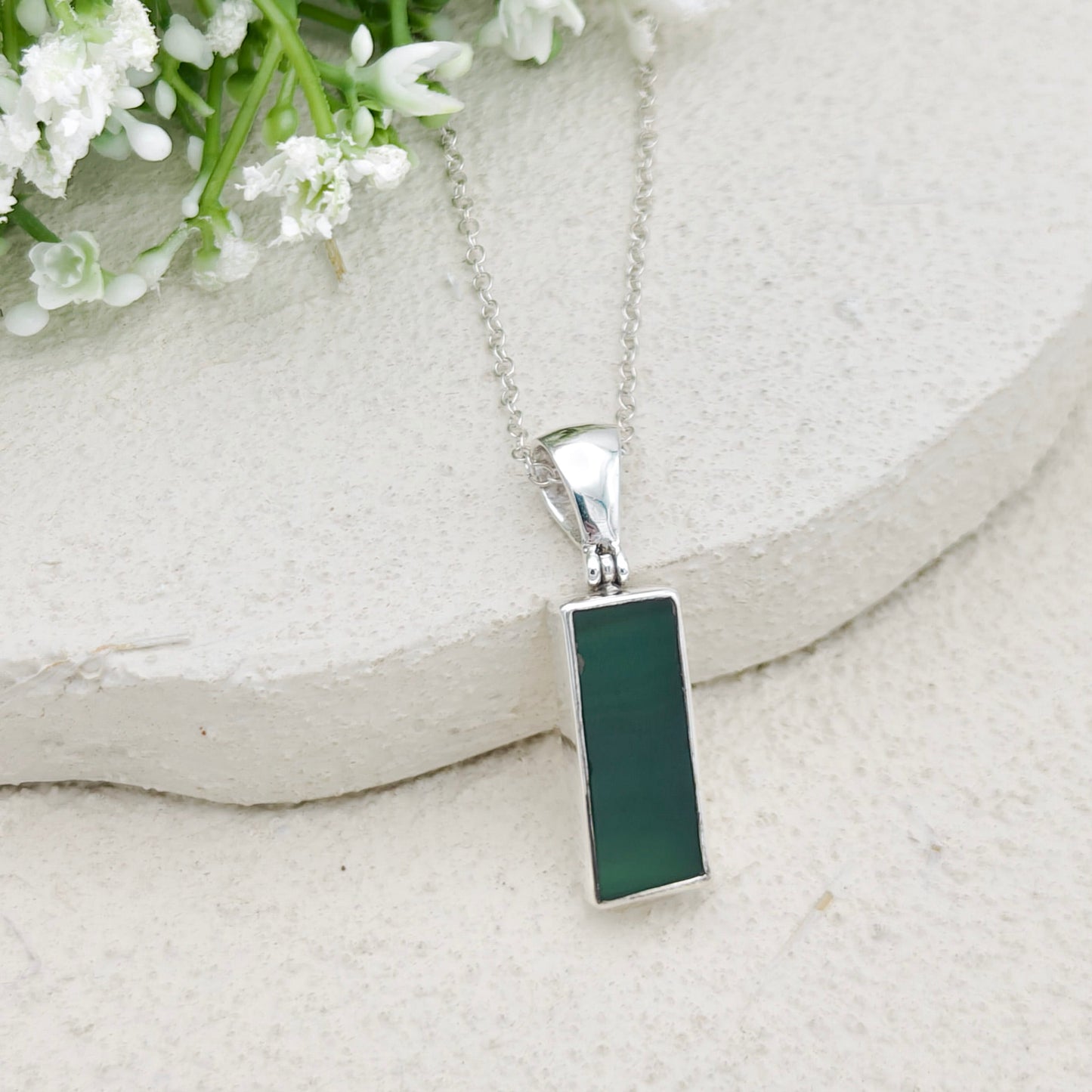 Green Natural Agate Pendant in Sterling Silver | May birthstone and Gemini Gift