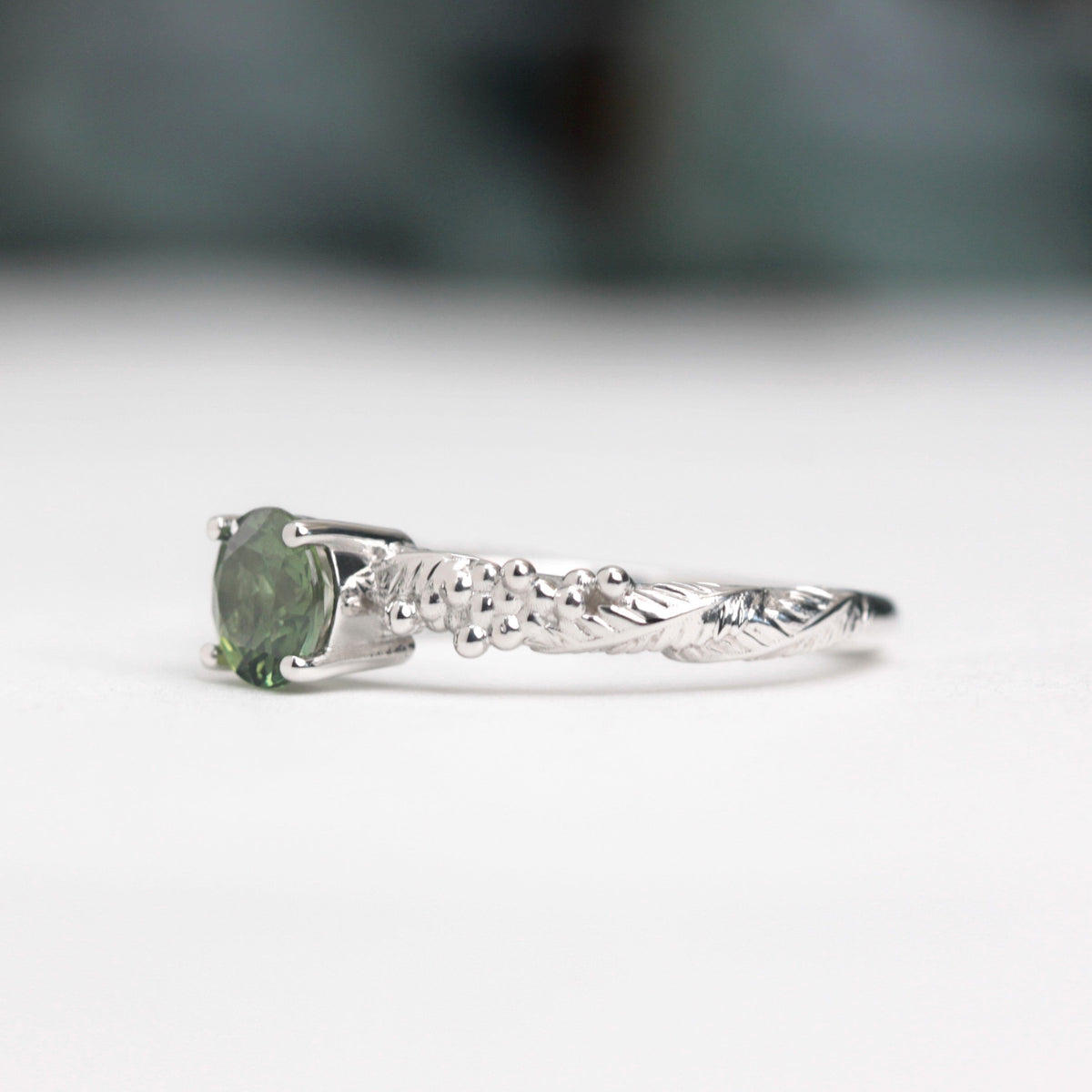 Green Sapphire Wattle Leaf Engagement Ring