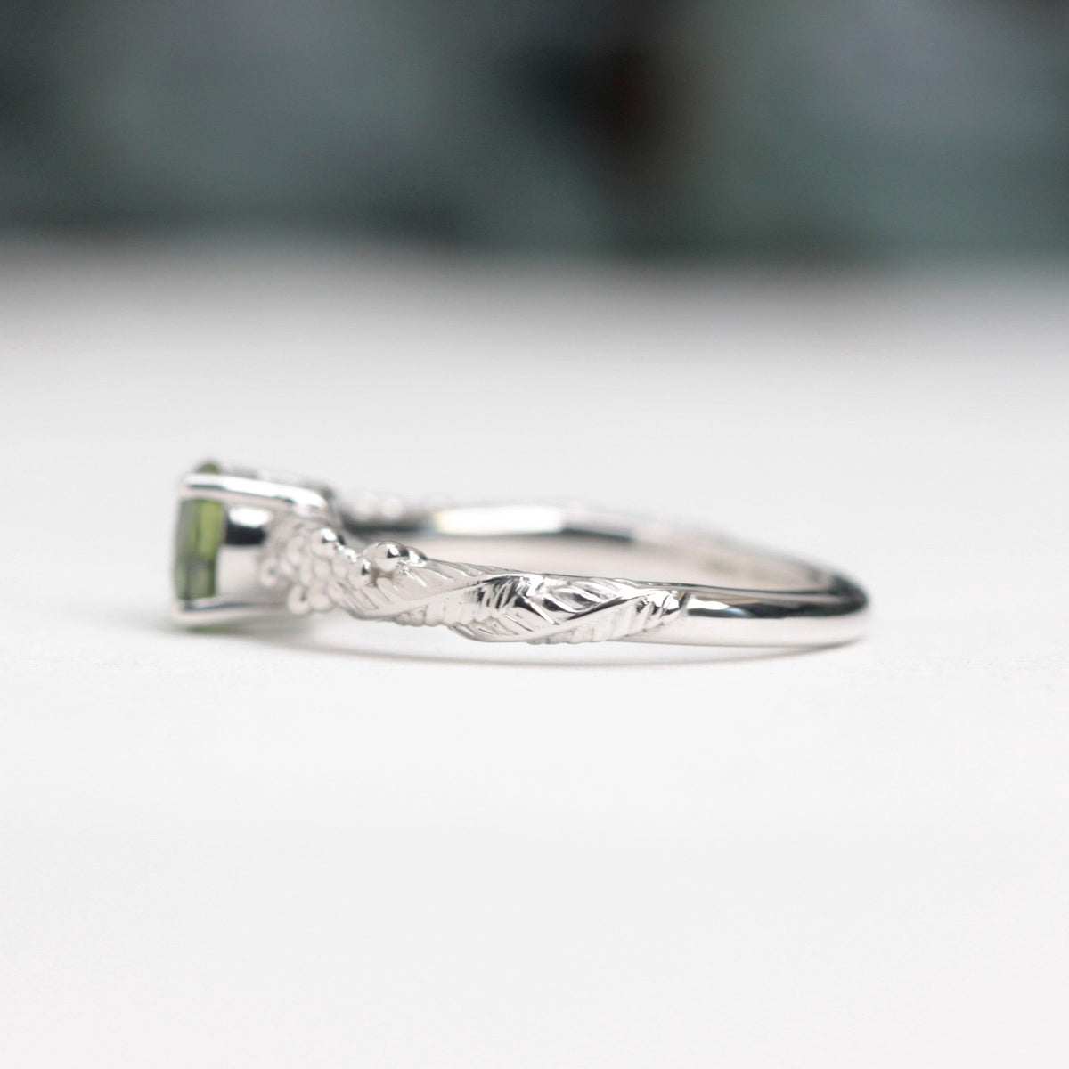 Green Sapphire Wattle Leaf Engagement Ring