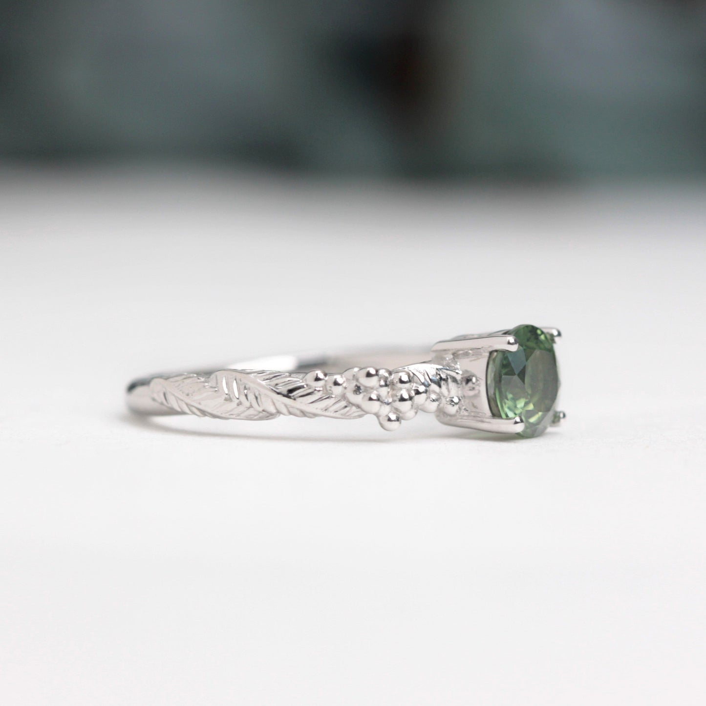 Green Sapphire Wattle Leaf Engagement Ring