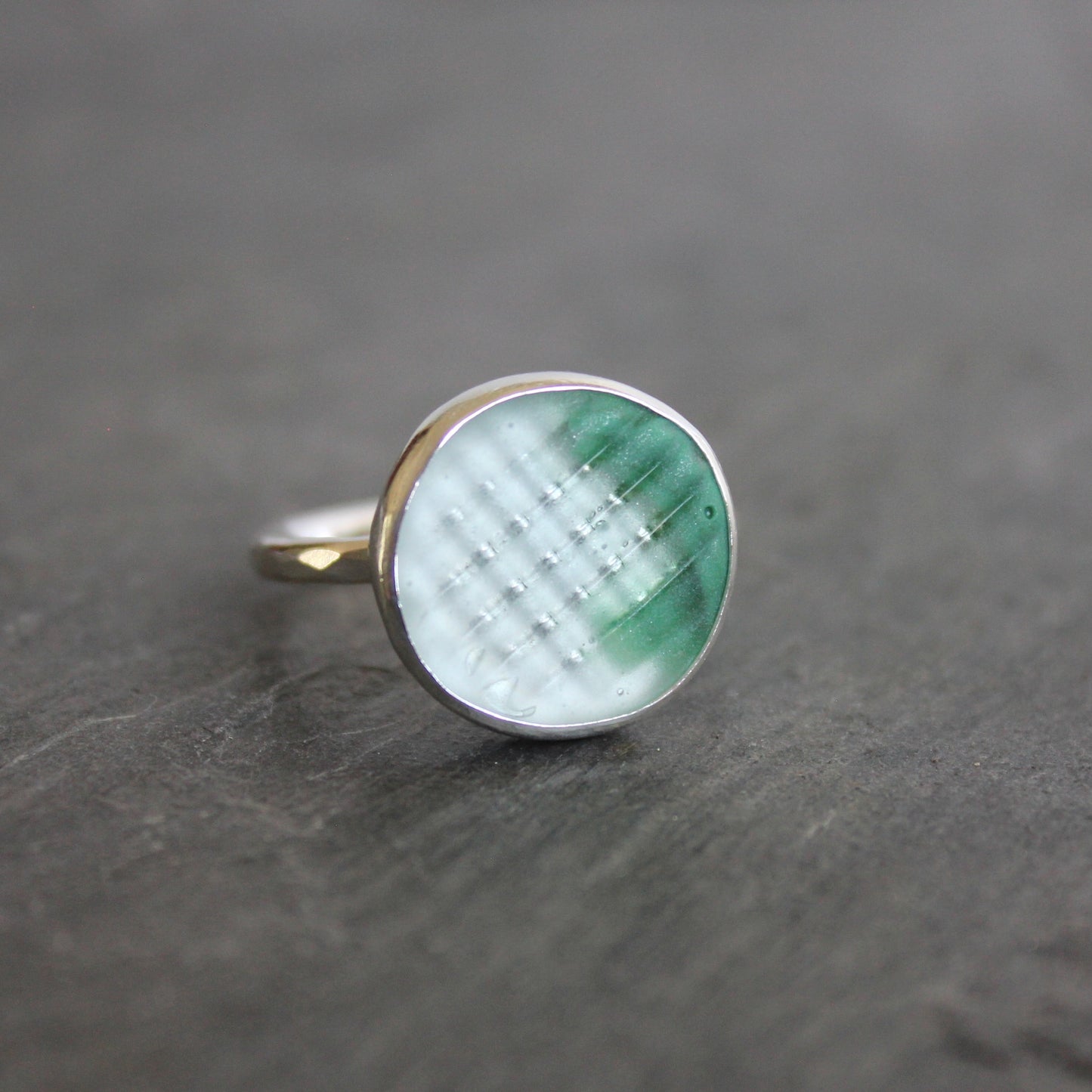 Green Japanese Sea Glass Ohajiki Marble Ring | Sterling Silver | Size 7 ¾