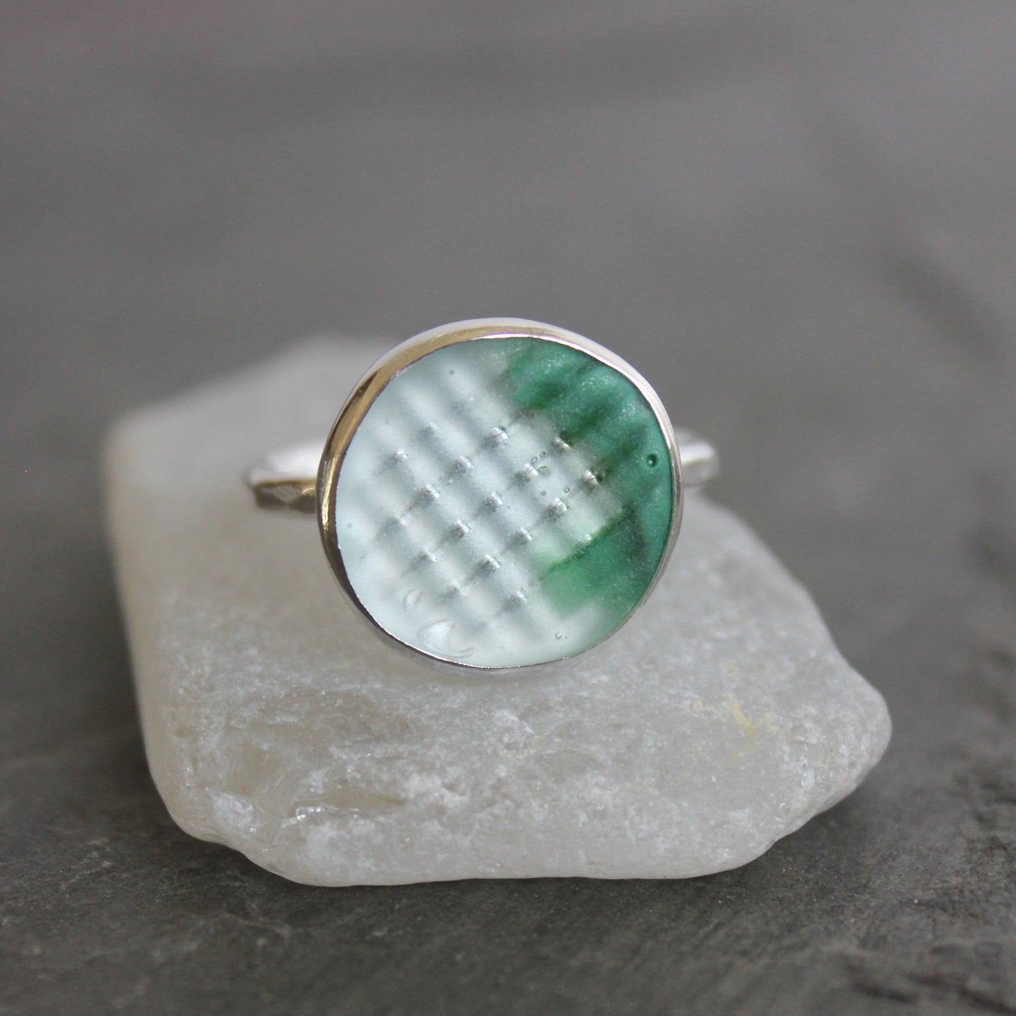 Green Japanese Sea Glass Ohajiki Marble Ring | Sterling Silver | Size 7 ¾