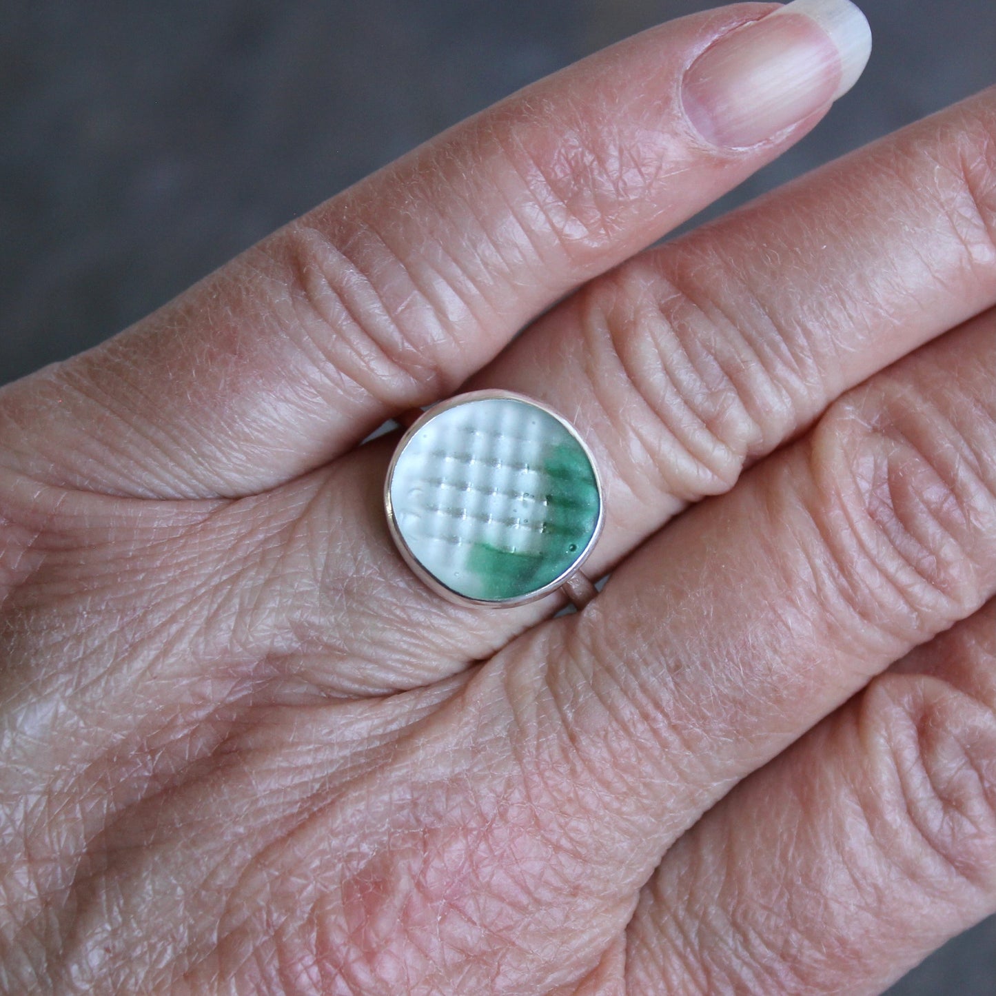 Green Japanese Sea Glass Ohajiki Marble Ring | Sterling Silver | Size 7 ¾