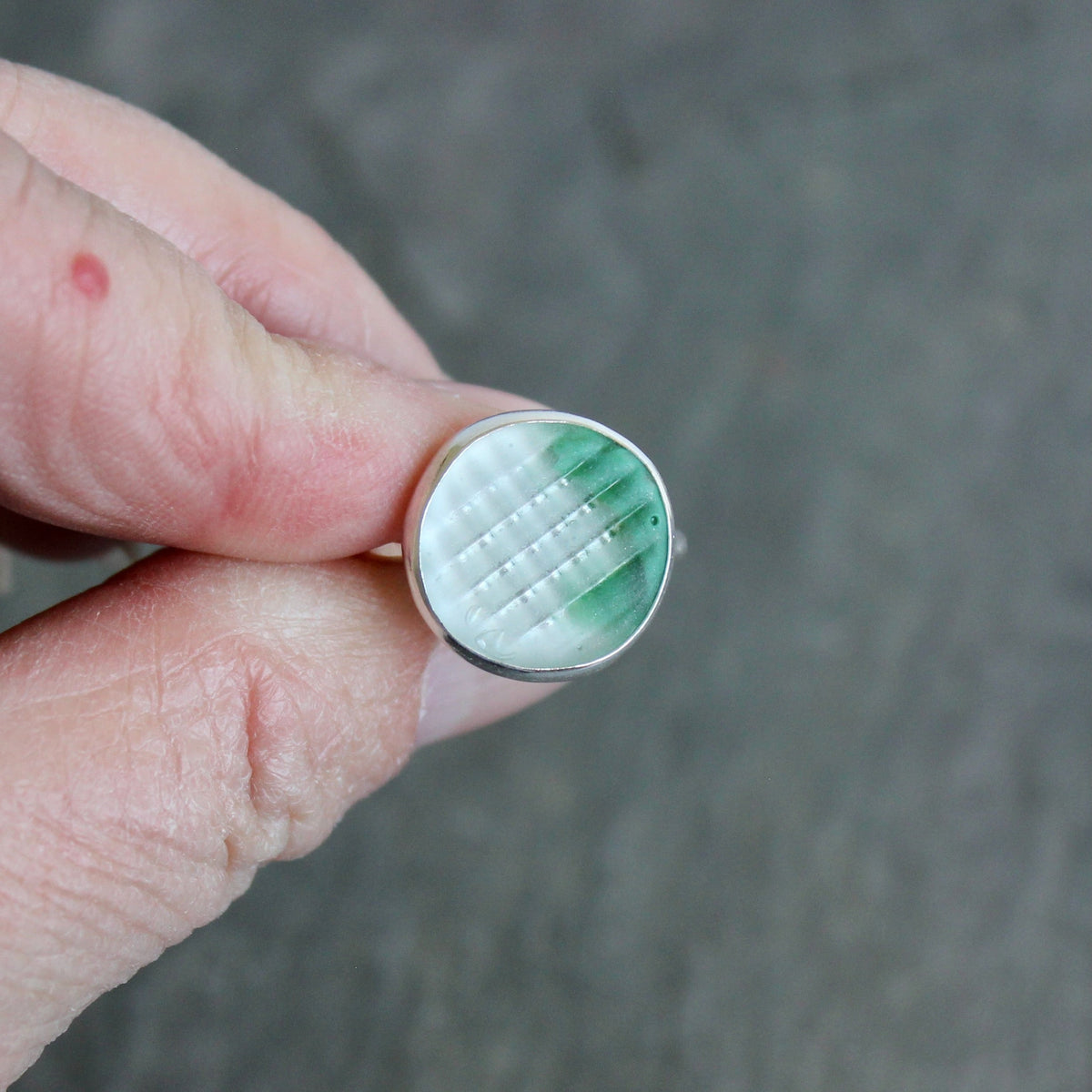 Green Japanese Sea Glass Ohajiki Marble Ring | Sterling Silver | Size 7 ¾