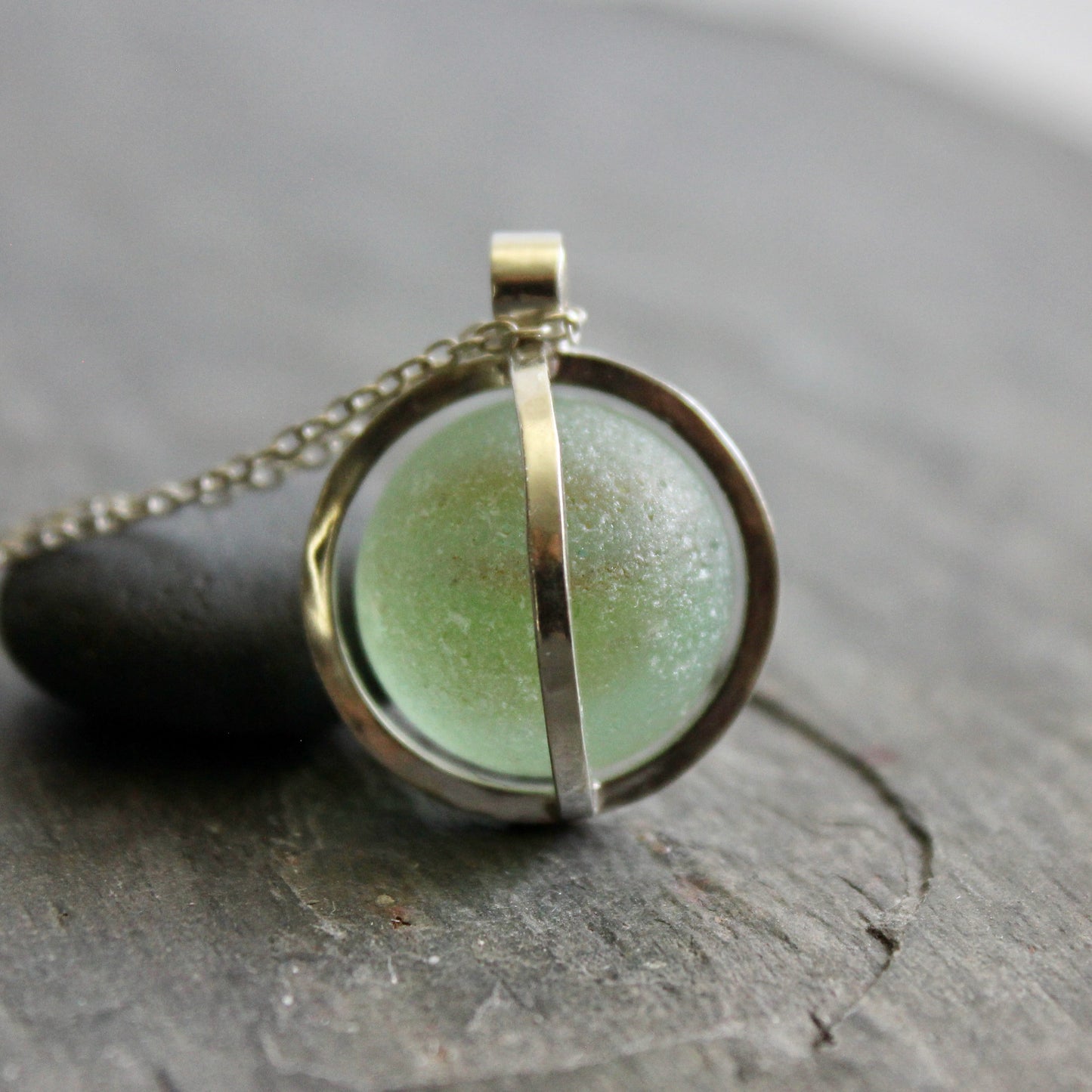 Pastel Green Caged Sea Glass Marble Necklace • Handmade • Sterling Silver • Unique Beach Jewelry Gift