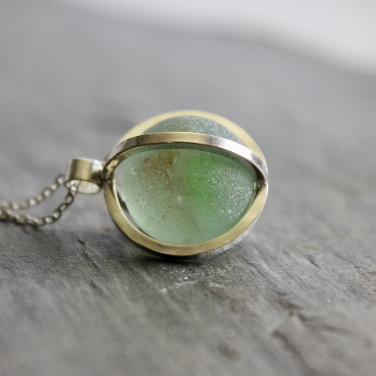 Pastel Green Caged Sea Glass Marble Necklace • Handmade • Sterling Silver • Unique Beach Jewelry Gift
