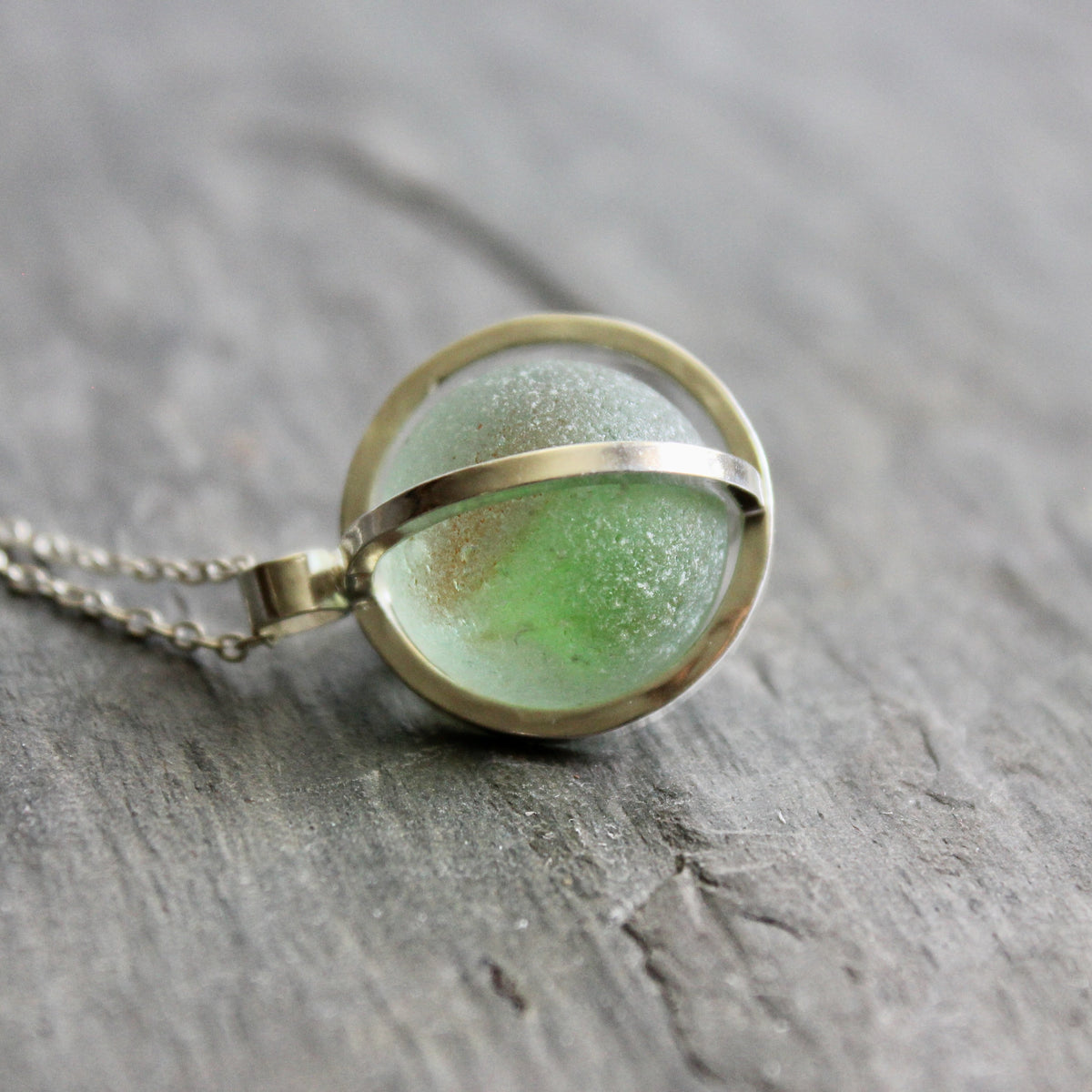 Pastel Green Caged Sea Glass Marble Necklace • Handmade • Sterling Silver • Unique Beach Jewelry Gift