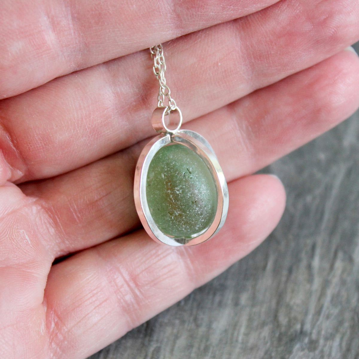 Pastel Green Caged Sea Glass Marble Necklace • Handmade • Sterling Silver • Unique Beach Jewelry Gift