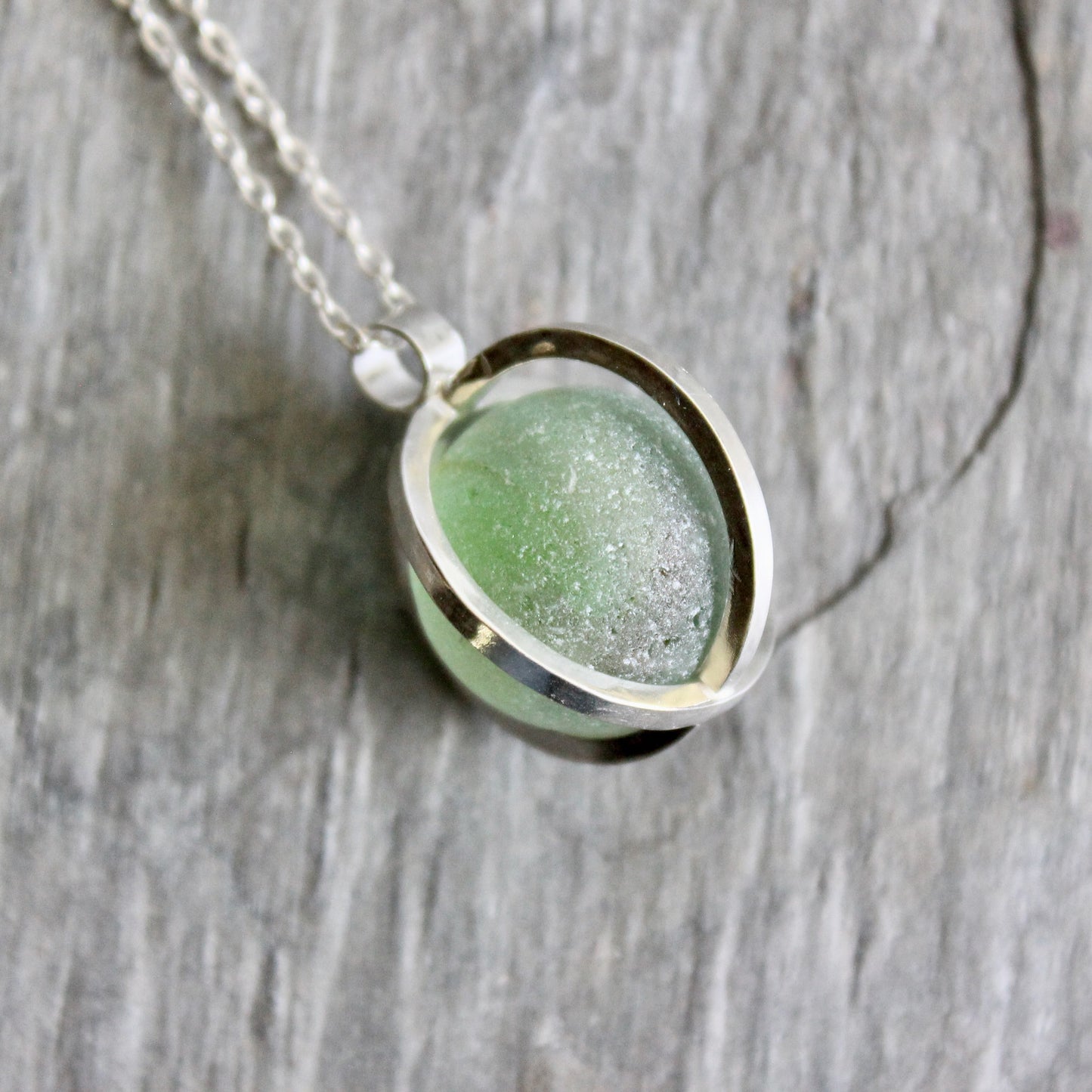 Pastel Green Caged Sea Glass Marble Necklace • Handmade • Sterling Silver • Unique Beach Jewelry Gift