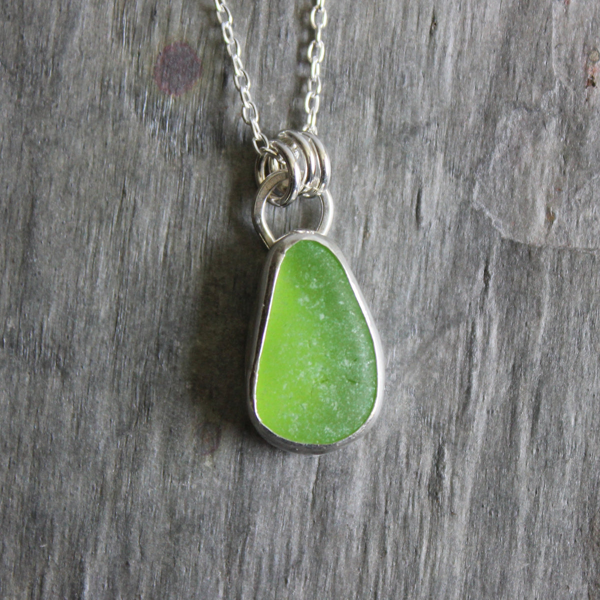 Bright Green Sea Glass Necklace • Handmade • Sterling Silver • Beach Jewelry Gift for Her