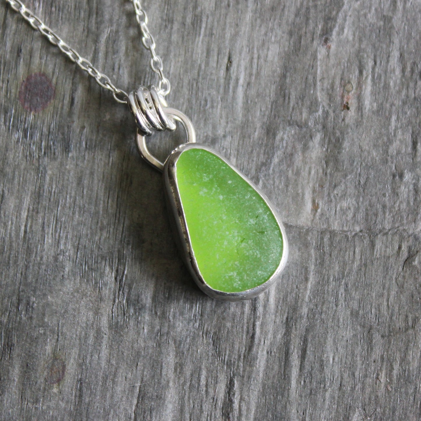 Bright Green Sea Glass Necklace • Handmade • Sterling Silver • Beach Jewelry Gift for Her