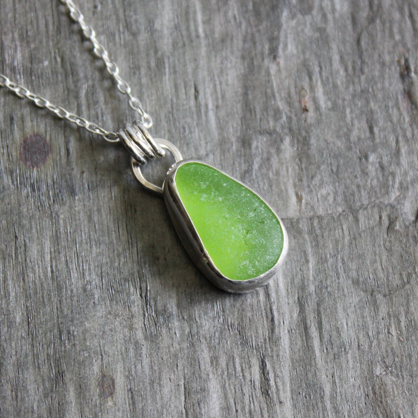 Bright Green Sea Glass Necklace • Handmade • Sterling Silver • Beach Jewelry Gift for Her