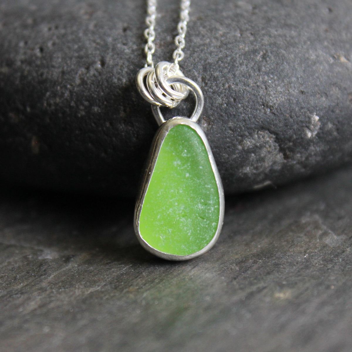 Bright Green Sea Glass Necklace • Handmade • Sterling Silver • Beach Jewelry Gift for Her