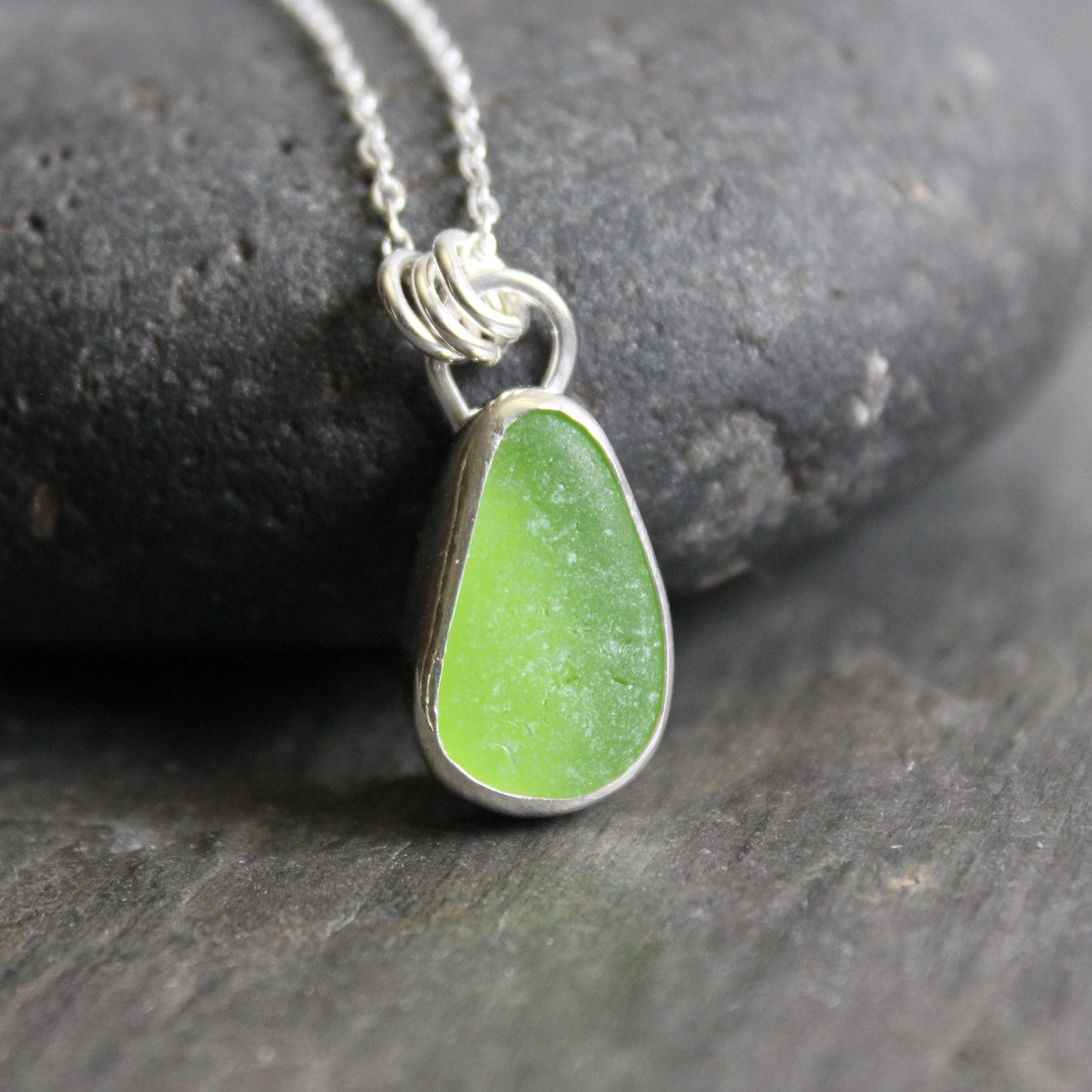 Bright Green Sea Glass Necklace • Handmade • Sterling Silver • Beach Jewelry Gift for Her